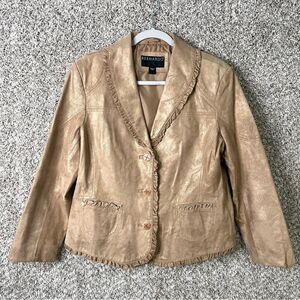 Bernardo Jacket Women’s Large Shimmery Brown Leather Blazer Style w/ Ruffle Trim